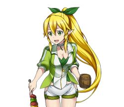 Rule 34 | 1girl, :d, blonde hair, braid, breasts, choker, cleavage, collarbone, cowboy shot, floating hair, green eyes, green ribbon, hair ribbon, high ponytail, holding, leafa, medium breasts, open mouth, pointy ears, ribbon, short shorts, shorts, smile, solo, standing, sword art online, transparent background, twin braids, white shorts
