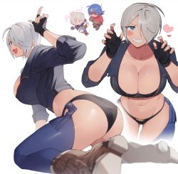 Rule 34 | 1boy, 1girl, absurdres, angel (kof), ass, boots, bra, breasts, chaps, chibi, chibi inset, cleavage, cowboy boots, cropped jacket, horns pose, fingerless gloves, gloves, grey hair, hair over one eye, hand up, heart, highres, jacket, kneeling, krohnen, large breasts, leather, leather jacket, looking at viewer, midriff, strapless, strapless bra, the king of fighters, the king of fighters xv, thong, tsuki325, underwear