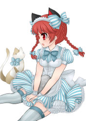 Rule 34 | 1girl, :&lt;, alternate costume, animal ears, bad id, bad pixiv id, bow, bowtie, braid, cat, cat ears, enmaided, extra ears, female focus, frills, garter straps, hair ribbon, jako, jyako, kaenbyou rin, maid, maid headdress, open mouth, petticoat, red eyes, red hair, ribbon, short hair, sitting, solo, striped clothes, striped thighhighs, thighhighs, touhou, tray, twin braids, twintails, v arms, vertical-striped clothes, vertical-striped thighhighs, waitress, wendy&#039;s, wendy (wendy&#039;s)