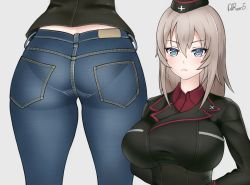 Rule 34 | 1girl, adapted costume, artist name, ass, black headwear, black jacket, blue eyes, blue pants, closed mouth, commentary request, cropped torso, daroon5, denim, frown, garrison cap, girls und panzer, grey background, hat, insignia, itsumi erika, jacket, jeans, korean commentary, kuromorimine military uniform, long sleeves, looking at viewer, medium hair, military, military hat, military uniform, multiple views, pants, pantylines, partial commentary, signature, silver hair, simple background, thighs, uniform