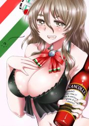 Rule 34 | 10s, 1girl, :d, alcohol, babydoll, bare shoulders, blush, bottle, bow, bowtie, breast suppress, breasts, cleavage, drunk, grey eyes, halterneck, italian flag, italian text, kantai collection, large breasts, long hair, makumaxu, navel, open mouth, pola (kancolle), red bow, red bowtie, sidelocks, silver hair, smile, solo, translation request, upper body, wavy hair
