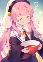 Rule 34 | 1girl, :t, ?, black dress, bowl, closed eyes, closed mouth, commentary request, dress, facing viewer, food, highres, holding, holding bowl, kamisama ni natta hi, leilin, long hair, long sleeves, neck ribbon, pink hair, ribbon, satou hina (kamisama ni natta hi), solo, tears, veil, very long hair, wavy mouth, wide sleeves, yellow ribbon