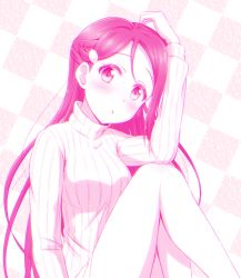 Rule 34 | 10s, 1girl, :o, bare legs, blush, ckst, dress, elbow on knee, hair ornament, hairclip, hand on own head, highres, long hair, long sleeves, looking at viewer, love live!, love live! sunshine!!, monochrome, pink theme, ribbed sweater, sakurauchi riko, sitting, solo, sweater, sweater dress, turtleneck, turtleneck sweater