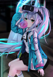 Rule 34 | 1girl, absurdres, ahoge, bandaid, bandaid on cheek, bandaid on face, black skirt, blue jacket, blowing bubbles, building, chewing gum, epinel (nikke), goddess of victory: nikke, green eyes, green hair, head-mounted display, highres, holding, hood, hood down, hoodie, jacket, long hair, looking at viewer, multicolored hair, nekodama2000, neon lights, open clothes, open jacket, pleated skirt, ponytail, puffy short sleeves, puffy sleeves, short sleeves, sitting, skirt, socks, solo, star (symbol), two-tone hair, white hair, white hoodie, white socks