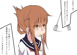 Rule 34 | 1girl, bad id, bad twitter id, brown eyes, brown hair, coin, commentary, empty eyes, folded ponytail, highres, holed coin, hypnosis, inazuma (kancolle), kantai collection, mind control, open mouth, portrait, sakakiba misogi, simple background, solo, translation request, white background