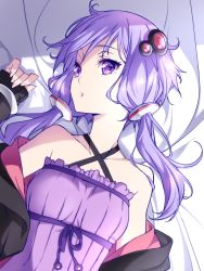 Rule 34 | 1girl, bare shoulders, bed, blanket, collarbone, commentary request, criss-cross halter, dress, female focus, from above, hair ornament, halterneck, hand up, light purple hair, long hair, looking at viewer, low twintails, lying, neck, off shoulder, on back, on bed, parted lips, purple dress, purple eyes, purple hair, rei no himo, shade, sleeves past wrists, solo, tasikanamanzok, twintails, upper body, vocaloid, voiceroid, yuzuki yukari