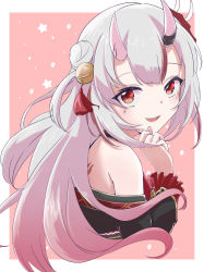 Rule 34 | 1girl, absurdres, bare shoulders, bell, black kimono, commentary request, cropped torso, double bun, from side, grey hair, hair bell, hair bun, hair ornament, hand up, highres, hilamaru, hololive, horns, japanese clothes, jingle bell, kimono, long hair, long sleeves, looking at viewer, looking to the side, mask, mask on head, multicolored hair, nakiri ayame, nakiri ayame (1st costume), off shoulder, oni, oni mask, pink background, red eyes, red hair, skin-covered horns, solo, streaked hair, two-tone background, two side up, upper body, virtual youtuber, white background