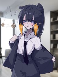 Rule 34 | 1girl, ?, ??, absurdres, alternate costume, alternate hairstyle, black hair, black necktie, blue eyes, blurry, blurry background, blush, coat, coin, collared shirt, commentary, english commentary, hair in own mouth, high ponytail, highres, hololive, hololive english, hypnosis, indoors, mentally deficient, mind control, mole, mole under eye, necktie, ninomae ina&#039;nis, office, office lady, open mouth, orange hair, pendulum, pointy ears, ponytail, shirt, solo, steam, steam from mouth, undressing, upper body, virtual youtuber, white shirt