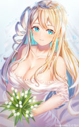 Rule 34 | 1girl, absurdres, artist name, blonde hair, blue eyes, breasts, bride, cleavage, collarbone, crown hair ornament, dress, flower, girls&#039; frontline, highres, large breasts, long hair, looking at viewer, official alternate costume, simple background, smile, solo, suomi (blissful mission) (girls&#039; frontline), suomi (girls&#039; frontline), takechii, wedding dress
