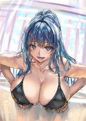 Rule 34 | 1girl, bent over, bikini, black bikini, blue eyes, blue hair, breasts, cleavage, collarbone, highres, large breasts, long hair, looking at viewer, mole, mole on breast, original, parted lips, ponytail, ran&#039;ou (tamago no kimi), shirt, smile, solo, swimsuit, water, wet