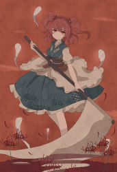 Rule 34 | 1girl, aaaabo, breasts, dress, flower, frilled dress, frills, hair bobbles, hair ornament, highres, holding, holding scythe, looking at viewer, medium breasts, onozuka komachi, red background, red eyes, red flower, red hair, sash, scythe, short sleeves, smile, solo, touhou, two side up
