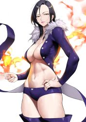 Rule 34 | 1girl, absurdres, black hair, boots, breasts, breasts apart, cleavage, fire, fire, fur-trimmed jacket, fur trim, hand on own hip, highres, jacket, large breasts, lipstick, long hair, long sleeves, looking at viewer, makeup, merlin (nanatsu no taizai), mole, mole under eye, nanatsu no taizai, navel, parted lips, pink lips, purple jacket, purple shorts, purple thighhighs, pyrokinesis, short shorts, shorts, smile, solo, thigh boots, thighhighs, white background, yellow eyes, yoshio (55level)