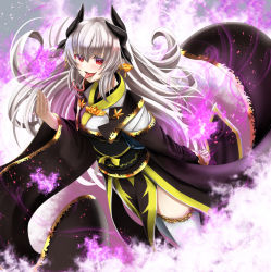 Rule 34 | 1girl, black kimono, dragon girl, dragon horns, fate/grand order, fate (series), forked tongue, grey hair, horns, japanese clothes, kimono, kiyohime (fate), kiyohime (third ascension) (fate), long hair, long tongue, multiple horns, obi, red eyes, sash, solo, standing, thighhighs, tongue, tongue out, totororo, white thighhighs, wide sleeves