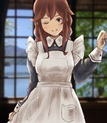 Rule 34 | 1girl, alternate costume, apron, black dress, blurry, braid, brown hair, commentary request, depth of field, dress, enmaided, frilled apron, frills, green eyes, highres, kantai collection, ld (luna dial398), looking at viewer, maid, noshiro (kancolle), one eye closed, solo, swept bangs, twin braids, white apron, window