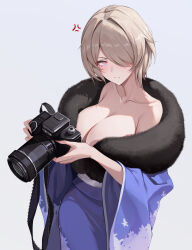 Rule 34 | 1girl, absurdres, alternate costume, anger vein, bare shoulders, blue kimono, breasts, brown hair, camera, cleavage, dress, fur-trimmed kimono, fur trim, furisode, grey background, hair over one eye, highres, holding, holding camera, honkai (series), honkai impact 3rd, japanese clothes, kimono, large breasts, looking at viewer, mole, mole under eye, purple eyes, rita rossweisse, ruo zhishi chu jian, short hair, solo