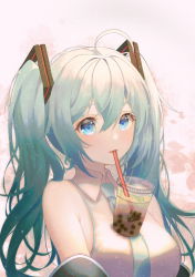 Rule 34 | 00s, 1girl, ahoge, bad id, bad pixiv id, bare shoulders, black sleeves, blue eyes, blush, breasts, bubble tea, bubble tea challenge, collared shirt, commentary, cup, detached sleeves, disposable cup, drinking straw, green hair, green necktie, hair between eyes, hair ornament, hatsune miku, long hair, looking at viewer, medium breasts, necktie, object on breast, parted lips, shirt, sidelocks, sleeveless, sleeveless shirt, solo, twintails, upper body, vocaloid, white shirt, zain (jiha3905)
