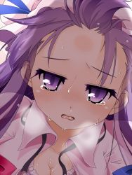 Rule 34 | 1girl, blush, breasts, breath, cleavage, close-up, collarbone, exhausted, female focus, forehead, hat, kotomuke fuurin, long hair, patchouli knowledge, purple eyes, purple hair, solo, sweat, touhou, very long hair