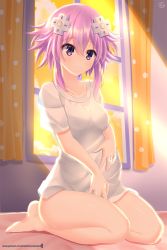 Rule 34 | 1girl, alternate costume, barefoot, bed sheet, blush, breasts, collarbone, commentary request, curtains, d-pad, d-pad hair ornament, dusk, feet, glint, hair between eyes, hair ornament, hands on own stomach, helvetica std, highres, indoors, jewelry, light beam, neptune (neptunia), neptune (series), pregnant, purple eyes, purple hair, ring, shirt, short hair, short sleeves, sidelocks, sitting, small breasts, smile, solo, toes, wariza, white shirt, window