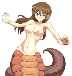 Rule 34 | 1girl, absurdres, blue eyes, breasts, brown hair, clam curry, highres, lamia, monster girl, nude, pointy ears, snake girl, snake tail, solo, tail