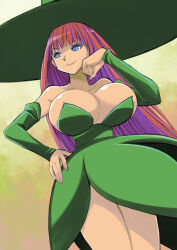 Rule 34 | &gt;:), 1girl, absurdres, astra super stars, blue eyes, breasts, cleavage, closed mouth, detached sleeves, dress, eyelashes, green dress, green sleeves, hand on own hip, hand up, highres, large breasts, legs together, long hair, long sleeves, muramasa mikado, pink lips, red eyes, smile, solo, standing, stella (astra super stars), straight hair, strapless, strapless dress, v-shaped eyebrows, very long hair