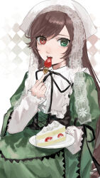 Rule 34 | 1girl, absurdres, black corset, black ribbon, blush, brown hair, cake, collared dress, commentary request, corset, cowboy shot, dress, eating, food, fork, frilled dress, frilled shirt collar, frilled sleeves, frills, fruit, green dress, green eyes, head scarf, heterochromia, highres, holding, holding fork, holding plate, kani samurai, lace, lolita fashion, long hair, long sleeves, looking at viewer, medium bangs, neck ribbon, open mouth, plate, red eyes, ribbon, rozen maiden, solo, strawberry, strawberry shortcake, suiseiseki, very long hair, white headwear