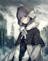 Rule 34 | 1girl, absurdres, aqua eyes, black capelet, black dress, blurry, blurry background, cape, capelet, closed mouth, cloud, cloudy sky, depth of field, dress, fate (series), fur trim, gray (fate), grey cape, highres, hood, hood up, kusano shinta, long sleeves, looking at viewer, lord el-melloi ii case files, outdoors, ribbon, shaded face, short hair, silver hair, sky, solo, upper body, white ribbon, white sleeves
