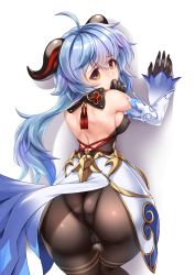 Rule 34 | 1girl, against wall, ahoge, akatsuki akane, ass, bare shoulders, blue hair, blush, bodysuit, breasts, cameltoe, detached sleeves, embarrassed, from behind, ganyu (genshin impact), genshin impact, gloves, goat horns, highres, horns, huge ass, leotard, long hair, looking at viewer, looking back, medium breasts, orange eyes, pantyhose, shiny clothes, shiny skin, sideboob, solo, thigh gap, very long hair, waist cape, white background