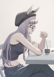 Rule 34 | 1girl, absurdres, animal ears, arm rest, armpit crease, bare shoulders, beret, black hat, black tank top, blunt bangs, breasts, casual, commentary, cup, denim, drinking glass, drinking straw, ears through headwear, gold ship (umamusume), groin, hat, highres, holding, holding drinking straw, horse ears, horse girl, horse tail, jeans, large breasts, long hair, looking at viewer, midriff, navel, pants, parted lips, profile, purple eyes, shibakarisena, sidelocks, silver hair, simple background, sitting, solo, sunglasses, tail, tank top, umamusume, white background