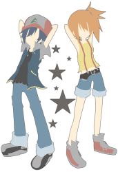 Rule 34 | 1boy, 1girl, arms behind head, ash ketchum, bad id, bad pixiv id, baseball cap, child, creatures (company), faceless, flat color, game freak, hat, height difference, jacket, misty (pokemon), mosuko (haruame), nintendo, pokemon, pokemon (anime), pokemon (classic anime), ponytail, shorts, source request, star (symbol), suspenders, vector trace