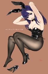 Rule 34 | 1girl, animal ears, armpits, black bow, black bowtie, black eyes, black leotard, black pantyhose, blue hair, bow, bowtie, breasts, brown background, detached collar, fake animal ears, full body, high heels, highres, leotard, long hair, looking at viewer, lying, miru tights, mole, mole on breast, mole under eye, nakabeni yua, on side, pantyhose, playboy bunny, rabbit ears, rabbit tail, shoes, unworn shoes, simple background, single shoe, solo, strapless, strapless leotard, tail, tongue, tongue out, wrist cuffs, yd (orange maru)