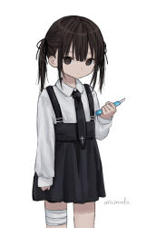 Rule 34 | 1girl, bandaged leg, bandages, black eyes, black hair, black necktie, boxcutter, child, closed mouth, collared shirt, cross, expressionless, high-waist skirt, holding, holding weapon, long sleeves, necktie, original, ruimado, shirt, simple background, skirt, sleeves past wrists, suspender skirt, suspenders, twintails, twitter username, weapon, white background, white shirt