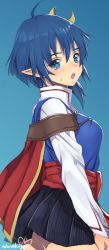 Rule 34 | 1girl, ahoge, blue eyes, blue hair, blue skirt, breasts, cape, crescent, crescent hair ornament, hair ornament, highres, looking at viewer, murata tefu, open mouth, pointy ears, red cape, rena lanford, short hair, simple background, skirt, solo, star ocean, star ocean the second story