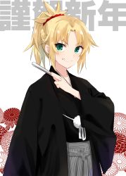 Rule 34 | 1girl, alternate costume, blonde hair, commentary request, fate/apocrypha, fate (series), fingernails, floral background, green eyes, grin, hair ornament, hair scrunchie, happy new year, holding, ica, japanese clothes, long sleeves, looking at viewer, mordred (fate), mordred (fate/apocrypha), new year, ponytail, scrunchie, skirt, smile, solo, standing, upper body