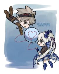 Rule 34 | 1boy, 1girl, asta (black clover), black clover, blush, dragon armor, grey hair, hair ribbon, headband, heart, heart of string, horns, noelle silva, open mouth, ribbon, smile, staring at eachother, string of fate, twintails, wings