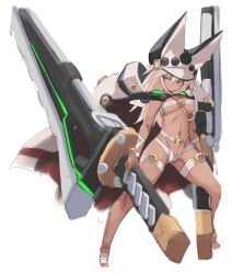Rule 34 | 1girl, belt, breasts, brown eyes, cape, commentary request, dark skin, dark-skinned female, dual wielding, full body, groin, guilty gear, guilty gear xrd, hat, holding, huge weapon, karukan (monjya), long hair, navel, no panties, open clothes, open shorts, ramlethal valentine, short shorts, shorts, sketch, solo, sword, thigh strap, weapon, white cape, white hair