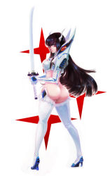 Rule 34 | 10s, 1girl, ass, bakuzan, black hair, blue eyes, boots, breasts, eyebrows, from behind, frown, full body, high heel boots, high heels, highres, jcm2, junketsu, katana, kill la kill, kiryuuin satsuki, large breasts, long hair, looking back, revealing clothes, serious, solo, sword, thick eyebrows, thigh boots, thighhighs, weapon