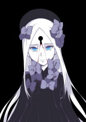 Rule 34 | 1girl, abigail williams (fate), black dress, blood, blue eyes, bow, dos (james30226), dress, fate/grand order, fate (series), hair bow, keyhole, long hair, looking at viewer, monochrome, ribbed dress, solo, spot color, upper body, very long hair, white hair