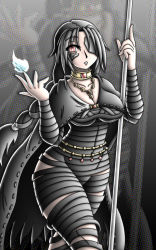 Rule 34 | 1girl, bandages, black hair, braid, breasts, cape, choker, cleavage, demon&#039;s souls, highres, jewelry, large breasts, long hair, maiden in black, necklace, one eye covered, red eyes, solo, staff, takilmar