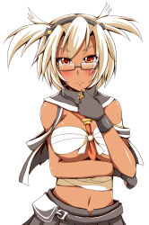 Rule 34 | 10s, 1girl, bandages, belt, blonde hair, breast hold, breasts, budget sarashi, dark-skinned female, dark skin, fingerless gloves, glasses, gloves, hairband, headgear, ikue fuuji, kantai collection, large breasts, light smile, looking at viewer, midriff, musashi (kancolle), musashi kai (kancolle), navel, necktie, open clothes, open vest, personification, pleated skirt, pointy hair, red eyes, sarashi, semi-rimless eyewear, short hair, simple background, skirt, smile, solo, strap slip, turtleneck, twintails, two side up, under-rim eyewear, underboob, upper body, vest, white background, white hair