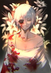 Rule 34 | 1girl, alternate costume, bare shoulders, blood, blood on arm, blood on clothes, blood on face, breasts, collarbone, commentary request, dark-skinned female, dark skin, dress, evil grin, evil smile, eyepatch, flower, green eyes, grin, hair between eyes, half-closed eye, highres, looking at viewer, loose clothes, mutsuki tooru, off shoulder, one eye covered, short hair, small breasts, smile, solo, tokyo ghoul, tokyo ghoul:re, upper body, white dress, white flower, white hair, yoshio (55level)