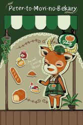 Rule 34 | 1boy, animal crossing, antlers, apron, baguette, bakery, beau (animal crossing), bread, chanko eee, closed eyes, collared shirt, croissant, deer boy, food, fruit, full body, furry, furry male, green apron, green hat, hanging plant, hat, highres, horns, loaf of bread, nintendo, open mouth, plant, potted plant, shirt, shop, solo, strawberry
