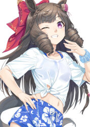Rule 34 | 1girl, blue shorts, bow, bra strap, braid, brown hair, commentary request, cowboy shot, daiichi ruby (umamusume), drill hair, drill sidelocks, floral print, grin, hair bow, hand on own hip, long hair, looking at viewer, midriff, miri (ago550421), navel, one eye closed, purple eyes, red bow, see-through, see-through shirt, shirt, short sleeves, shorts, sidelocks, simple background, smile, solo, standing, tail, tied shirt, umamusume, very long hair, white background, white shirt