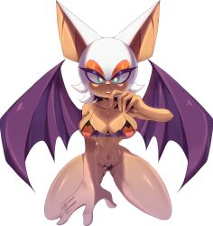 Rule 34 | 1girl, absurdres, bat wings, blue eyes, breasts, collarbone, eyelashes, eyeshadow, facing viewer, full body, furry, furry female, grin, half-closed eyes, highres, kneeling, large breasts, lipstick, looking at viewer, makeup, navel, onz402, orange eyeshadow, pointy ears, rouge the bat, smile, solo, sonic (series), star-shaped pupils, star (symbol), symbol-shaped pupils, tan, teet, thick thighs, thighs, white background, wings, yellow pupils