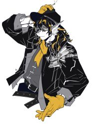 Rule 34 | 1boy, arknights, black hat, cigarette, dragon boy, fish boy, gloves, hat, highres, holding, holding cigarette, korean commentary, lee (arknights), long hair, looking at viewer, male focus, monochrome, mythological creature, ppyong, round eyewear, scarf, smoking, solo, yellow eyes, yellow gloves, yellow scarf
