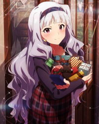 Rule 34 | 10s, 1girl, box, earrings, gift, gift box, hairband, heart-shaped box, idolmaster, idolmaster (classic), idolmaster million live!, jewelry, jpeg artifacts, long hair, looking at viewer, official art, pink eyes, shijou takane, silver hair, smile, solo