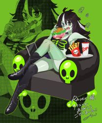 Rule 34 | 1girl, @ @, armpits, black eyes, black hair, blood, blood on face, bone, bone print, boots, brain, burger, colored skin, couch, crop top, crossed legs, cup, disposable cup, drawing tablet, drink, eating, fang, fast food, food, french fries, green background, green skin, half-skirt, holding, holding food, kneehighs, koe 01 03, miniskirt, multicolored hair, nail polish, open mouth, original, patchwork skin, pleated skirt, scar, scar on leg, scar on neck, screentones, shirt, single kneehigh, single sock, sitting, skirt, skull, smile, socks, solo, stitches, torn clothes, torn shirt, torn skirt, tray, two-tone hair, v-shaped eyebrows, white hair, zoom layer