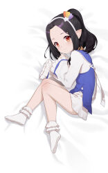 Rule 34 | 1girl, absurdres, bed sheet, black hair, bobby socks, closed mouth, commission, dress, expressionless, from above, hairband, highres, legs, light blush, long sleeves, looking at viewer, lying, no shoes, on side, orange eyes, original, petite, pg (pege544), pixiv commission, pointy ears, ponytail, short dress, sidelocks, sleeves past fingers, sleeves past wrists, socks, solo, star (symbol), white dress, white hairband, white socks
