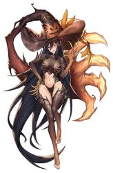Rule 34 | 1girl, artist request, black hair, black pantyhose, black sleeves, black thighhighs, branch, breasts, brown dust, cameltoe, claws, detached sleeves, evil smile, feet, full body, glowing, glowing eye, graident dress, hat, highres, large breasts, levia (brown dust), navel, pantyhose, smile, source request, spider web print, thighhighs, thighs, transparent background, witch hat