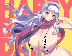 Rule 34 | 1girl, alternate breast size, animal print, blunt bangs, breasts, closed mouth, cow print, hairband, hand up, happy birthday, huge breasts, idolmaster, idolmaster (classic), long hair, looking at viewer, nekokan (cat&#039;s cradle), orange eyes, purple hairband, red scarf, scarf, shijou takane, slingshot swimsuit, smile, solo, swimsuit, upper body, white hair, yellow background