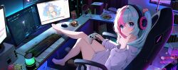 Rule 34 | 1girl, absurdres, bare legs, barefoot, blue eyes, blue hair, chair, computer, controller, desk, game controller, gamepad, gaming chair, headphones, highres, keyboard (computer), league of legends, leg on table, looking at viewer, monitor, mouse (computer), multicolored hair, multiple monitors, neon lights, otter paw (otter696969), pink hair, playing games, screen light, solo, swivel chair